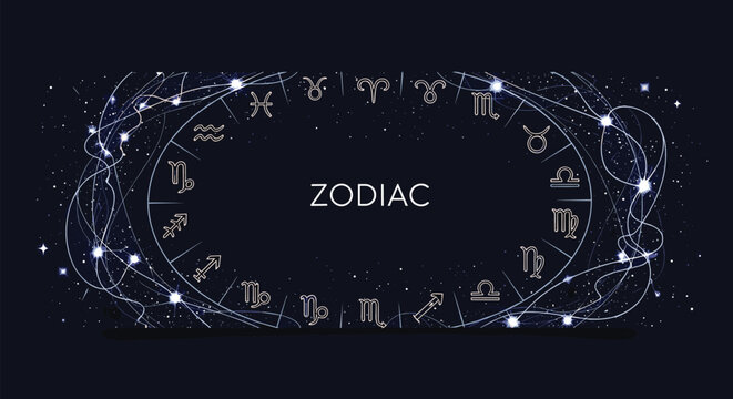 Zodiac sign circle on a dark starry space background with glowing constellations and cosmic stardust trails.