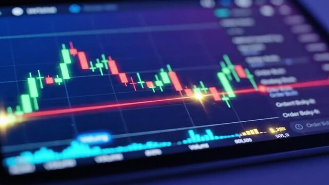 Dynamic stock market chart with candlestick patterns and real-time financial data on a digital screen ideal for illustrating investment trading and economic analysis