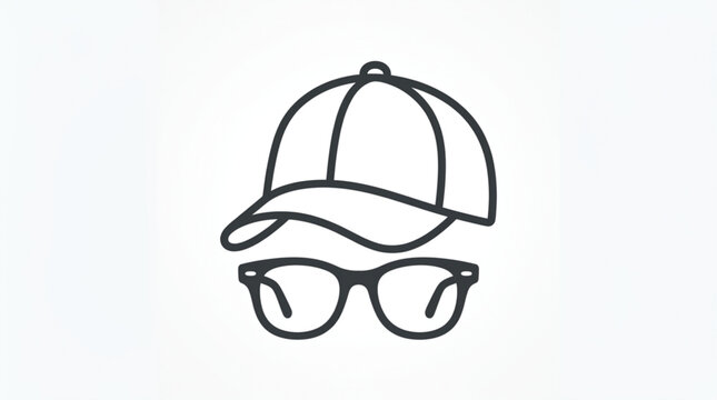 Simple line art icon of a baseball cap and glasses on a white background