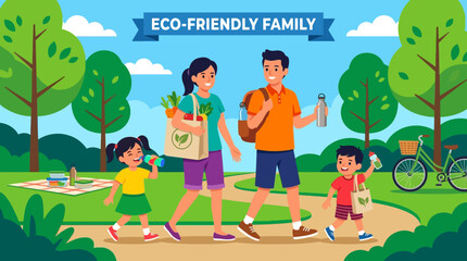 Obraz premium Happy eco friendly family with children carrying reusable bags and bottles while enjoying a walk