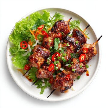 Nem nng  - Vietnam grilled pork skewers plate isolated on a white background