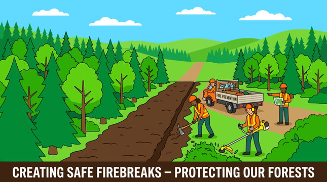 Essential fire prevention workers creating a vital firebreak, protecting our valuable forests.