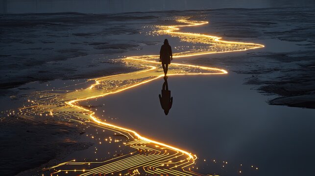 Lone figure follows glowing electrical path across wet, textured ground at dusk