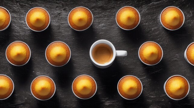 Coffee Cups with Coffee Pods on Dark Surface.