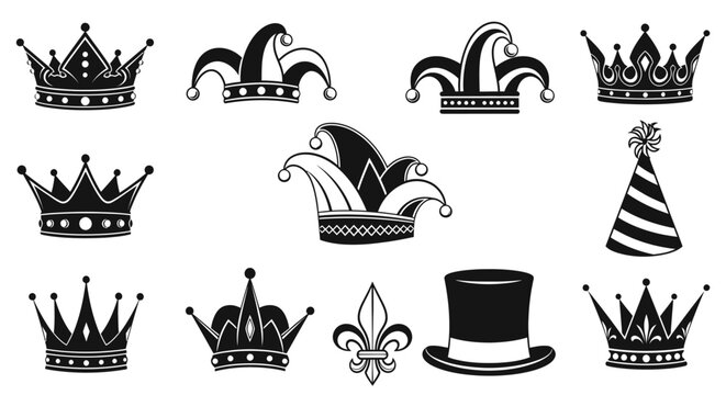 Set of graphic icons including crowns, jester hats, top hat, and party hat