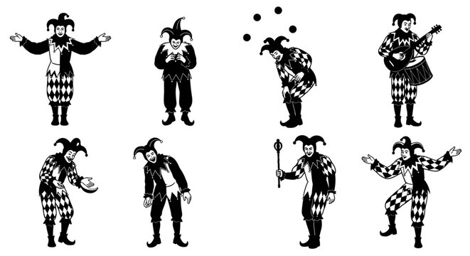 Eight jesters in black and white diamond patterned costumes performing various actions