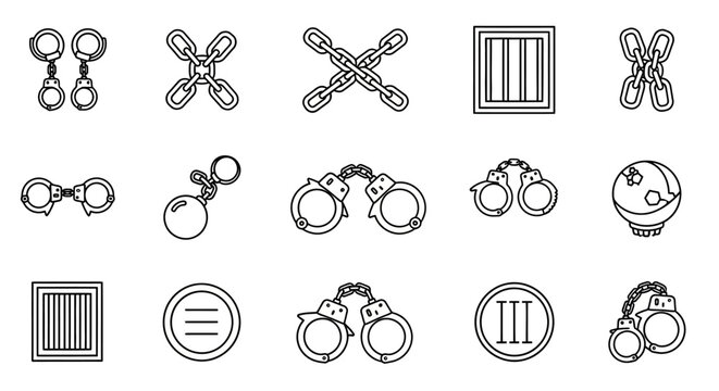Crime and punishment icon set with handcuffs and chains