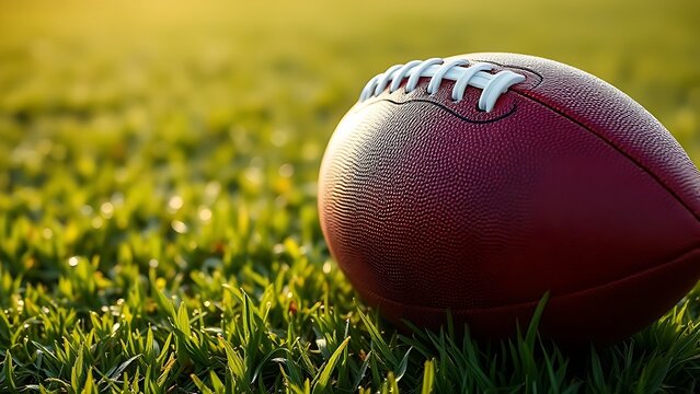 pigskin. American football on green turf field with morning dew and soft natural light. event key visuals, club posters, designed for fitness apps and gym onboarding, boosts motivation.