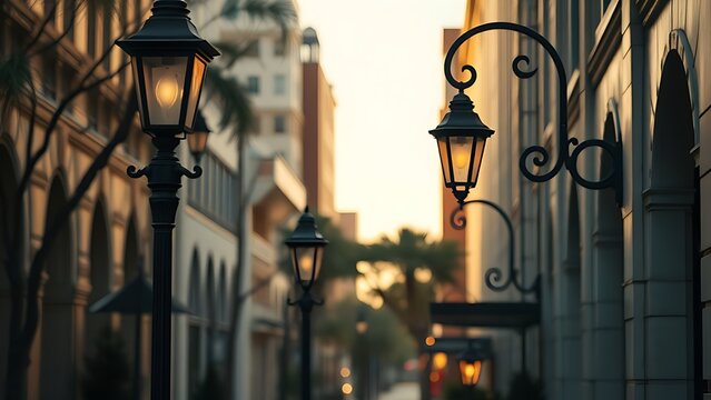 phonology. Art Deco street with vintage lamps and morning light, architectural focus. real-estate listings, architecture portfolios, designed for interior renovation comparisons for interiors.