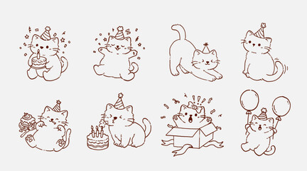 cute cat birthday illustration set kitten doodle with party hat cake balloon gift box and celebration elements hand drawn line art sticker style for greeting card social media content design © WE.ARE.AI