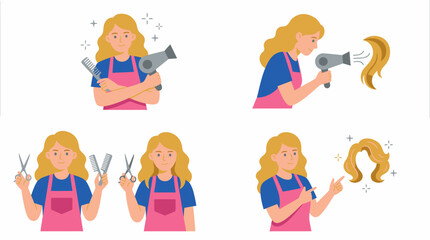 Naklejka premium A series of illustrations depicting a female hairdresser working with various hair tools and styling a wig.