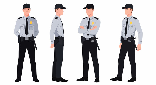 Four male security guards in uniform standing in various poses, including front, side, and arms crossed, with badges and batons.