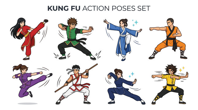 Diverse group of animated characters in traditional kung fu martial arts poses perform various dynamic attacks and defensive fighting techniques