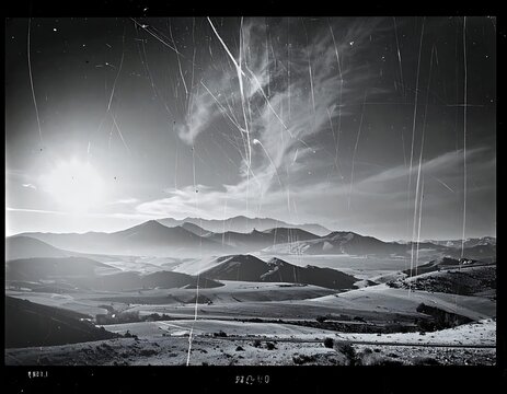 A black and white landscape with a sun and mountains