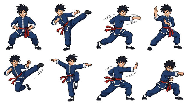 A young anime style martial artist performs various powerful dynamic fighting poses while wearing a traditional blue karate uniform suit