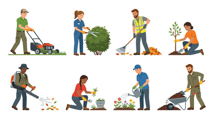 Fototapeta premium A collection of diverse professional gardeners and workers performing various maintenance tasks such as planting, trimming, and lawn mowing