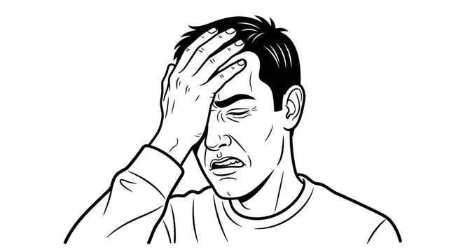 Black and white illustration of a man with his hand on his forehead, conveying a sense of regret, failure, or a moment of realization of error.