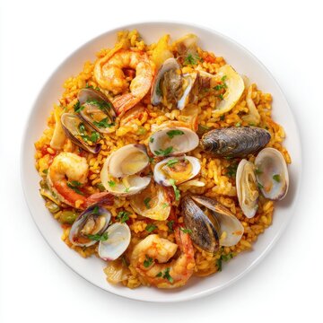 Paella de mariscos - Spain seafood rice with clams calamari isolated on a white background