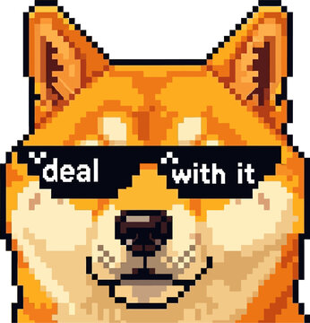 Retro pixel art of a Shiba Inu dog wearing "Deal With It" sunglasses. A fun, humorous meme icon for digital content.