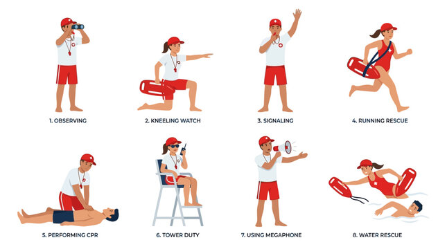 Diverse professional lifeguards perform various safety duties including rescue operations and emergency medical procedures in this illustrated training set collection.