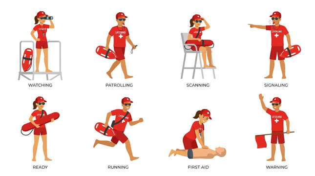 Cartoon collection of professional beach lifeguards performing various essential safety duties like scanning, running, signaling, and providing emergency first aid