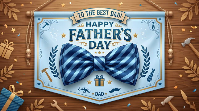 happy father's day banner with blue bow tie and gift box on wooden background
