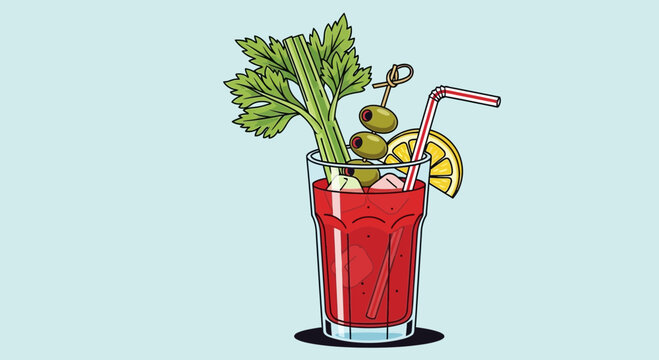 Bloody Mary cocktail with celery, olives, and lemon slice on light blue background