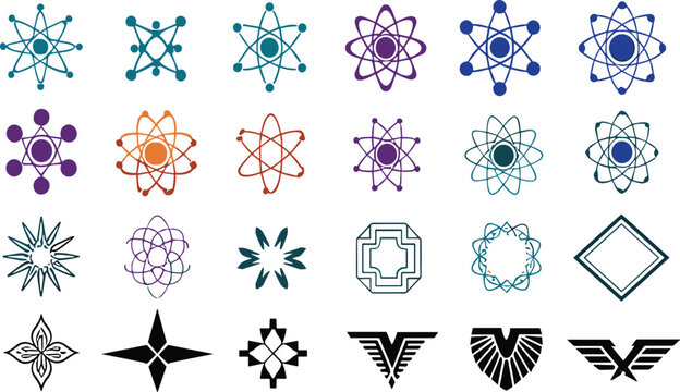 Abstract geometric logo icons vector set with atomic shapes symmetry symbols and modern emblems, minimal branding collection for technology science and design