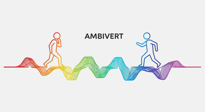 Ambivert concept: Two figures walking on a colorful sound wave, representing balance between introversion and extroversion.
