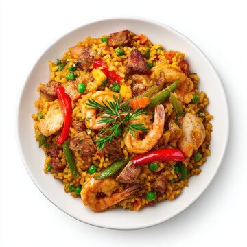 Paella mixta - Spain rice with seafood pork vegetables isolated on a white background
