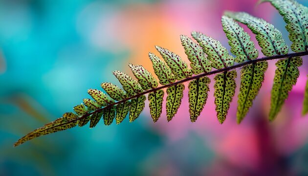 Close-animated movie macro perspective of a vibrant green fern leaf with dark spots against a blurred, colorful of teal, orange, and pink hues