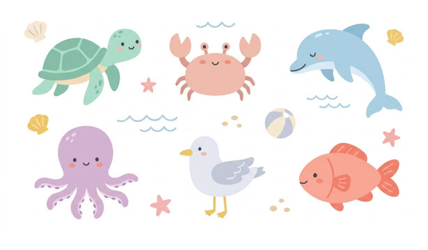 Pastel summer beach animals vector set with cute ocean characters nursery style clipart isolated on white