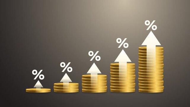 Interest rate and investment growth concept with stacked coins and up arrows. Financial banking increase or mortgage investment, mutual funds, and dividend tax