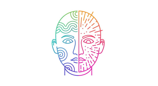 Abstract Human Face Divided, Rainbow Colors, Duality Concept, Creative Design