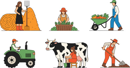 Naklejka premium Farming and Agriculture Icon Set with Harvesting, Tractor, Cow Milking, and Organic Farming for Rural Illustrations, Agriculture Apps, and Farm Designs