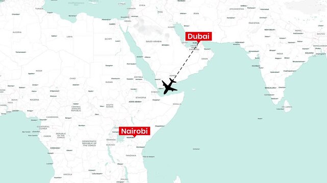 Animated airplane flight route mapping from Dubai to Nairobi motion clip