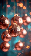 A festive scene with shiny copper-colored disco balls