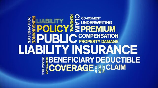 Public Liability insurance animated word cloud-text design animation tag kinetic typography seamless loop.