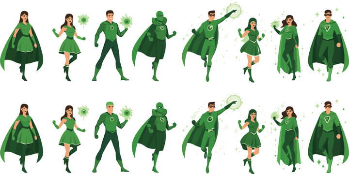 Set of 16 Illustrations of Green Superheroes in Action Poses with Magical Powers, Ideal for Fantasy and Comic Book Designs