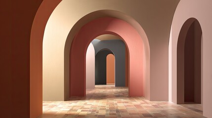 Naklejka premium Pastel archways create a serene, repeating geometric corridor with tiled floor