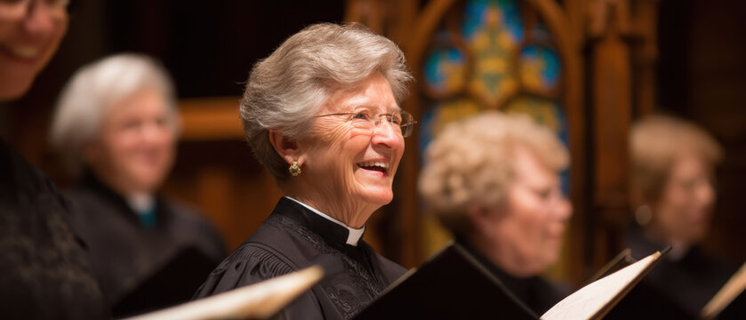 Smiling senior choir singer church choir performance joyful worship older woman cantor religious service sacred music hymn book stained glass background clergy robe community faith