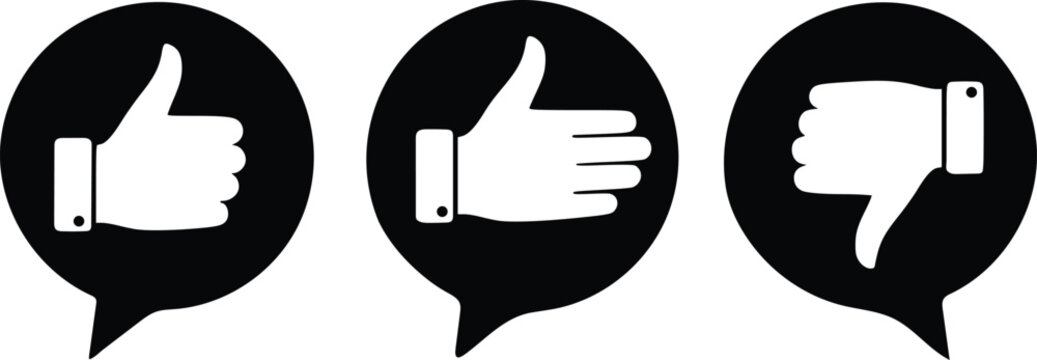 Three black speech bubbles with white hand gestures, thumbs up, flat hand, and thumbs down