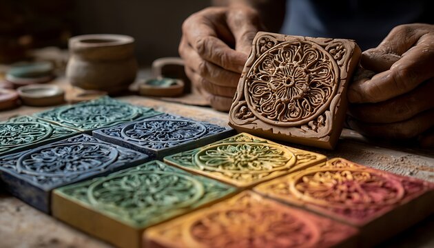 Artisan's hands carefully hold a carved wooden stamp with intricate floral patterns above a collection of colorful, stamped clay tiles