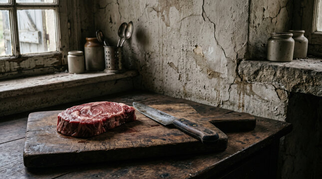 uncooked meat placed beside kitchen knife on wooden board in an old kitchen, empty space, rustic worn environment, cracked walls, no people