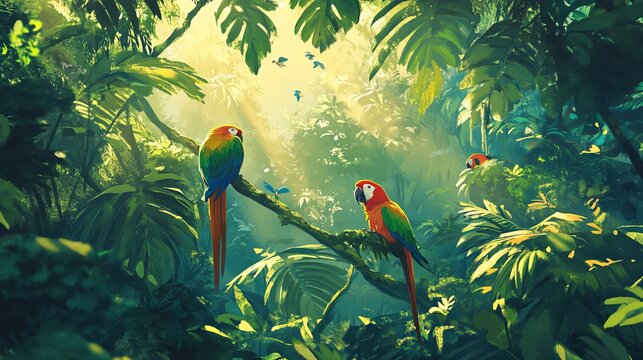 Watercolor tropical pattern parrots hibiscus strelitzia fruits vibrant summer background