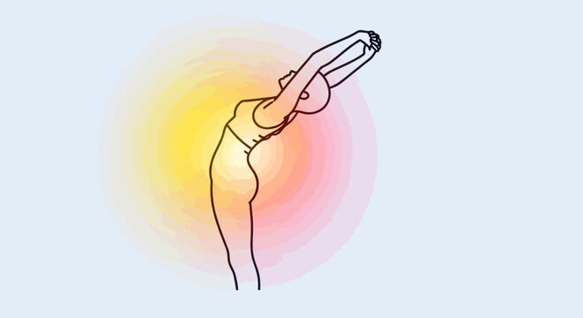 Woman practicing yoga, stretching back with arms raised, sun salutation pose, vibrant aura