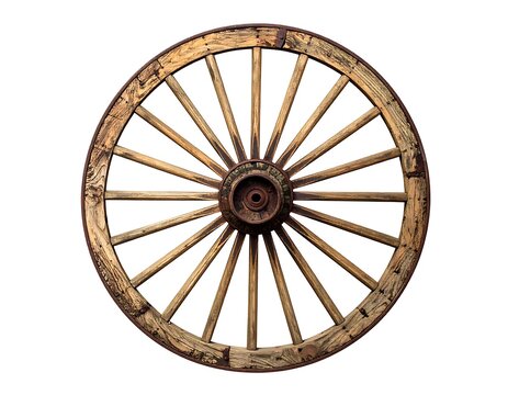 A rustic wooden wagon wheel with a worn, aged appearance