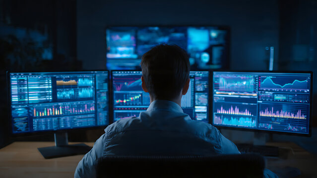 Business analyst reviewing data on multiple computer screens at night