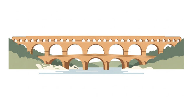 Ancient Roman Aqueduct Bridge with Arches Over River.