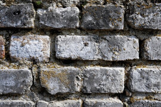 Close-up view of weathered, gray brick wall with mortar and lichen